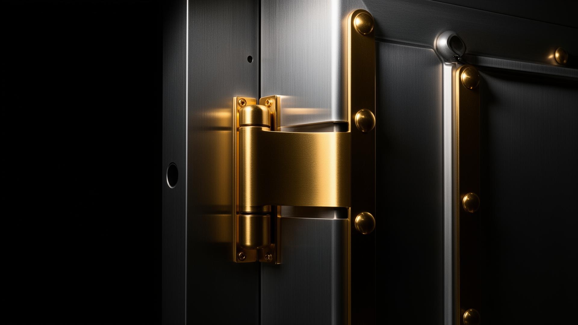 Brushed steel vault door with gold hinges
